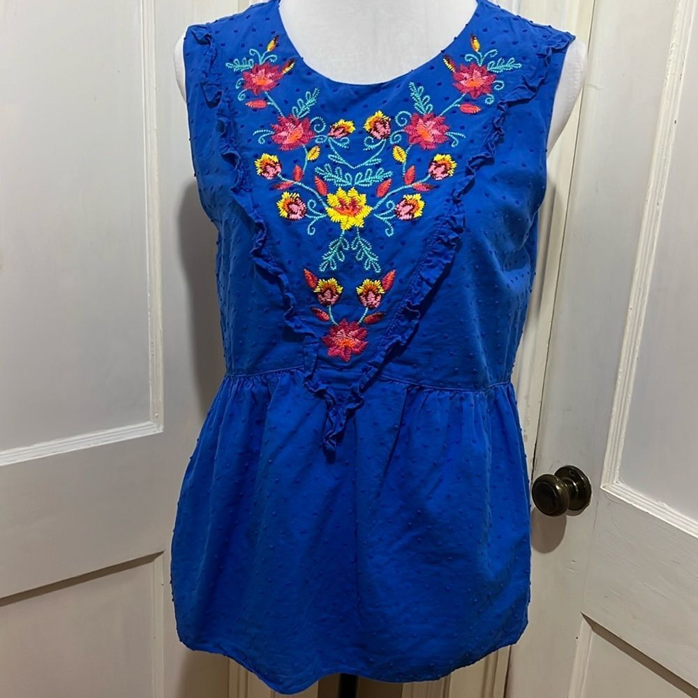 Time and Tru Blue Embroidered Tank Top